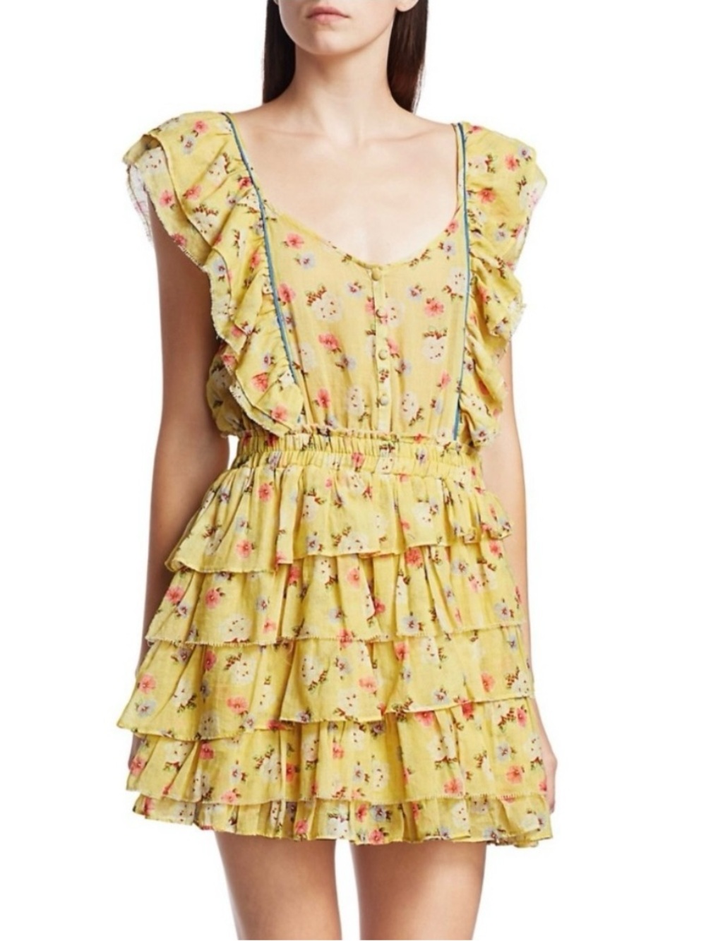 LoveShackFancy Phyllis Dress Yellow Floral Ruffle Tiered Mini Dress Cottage Core